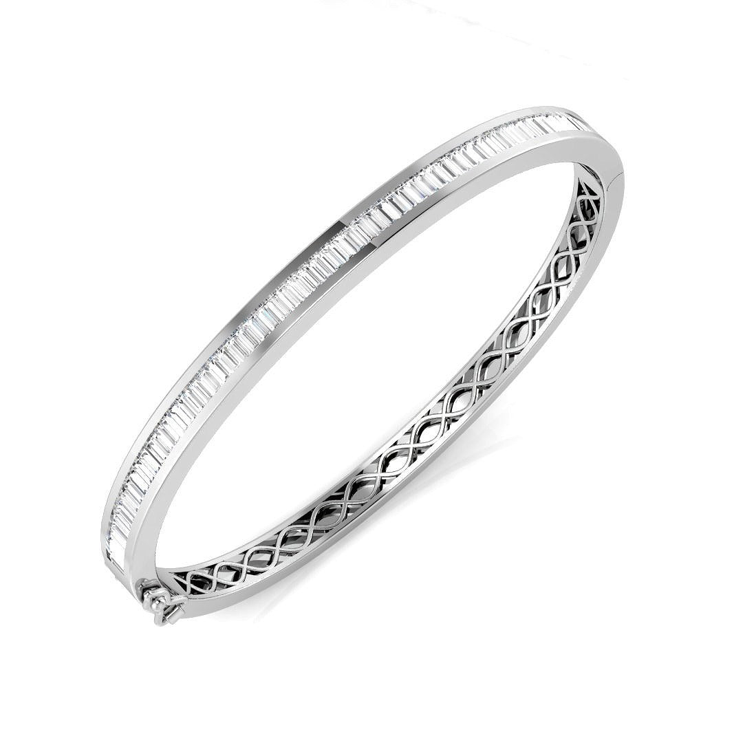 Platinum Lab Created Baguette Cut Diamond Channel Set Hinged Bangle with Box Clasp in 10K/14K gold and platinum with certified lab-grown or natural diamonds