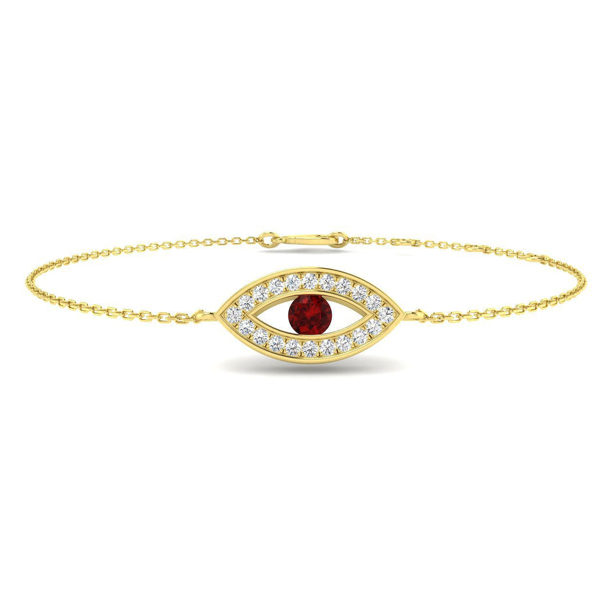 Natural Round Cut with Center Ruby Gemstone Evil Eye Bracelet - Lobster Claw in 10K/14K gold and platinum with certified lab-grown or natural diamonds