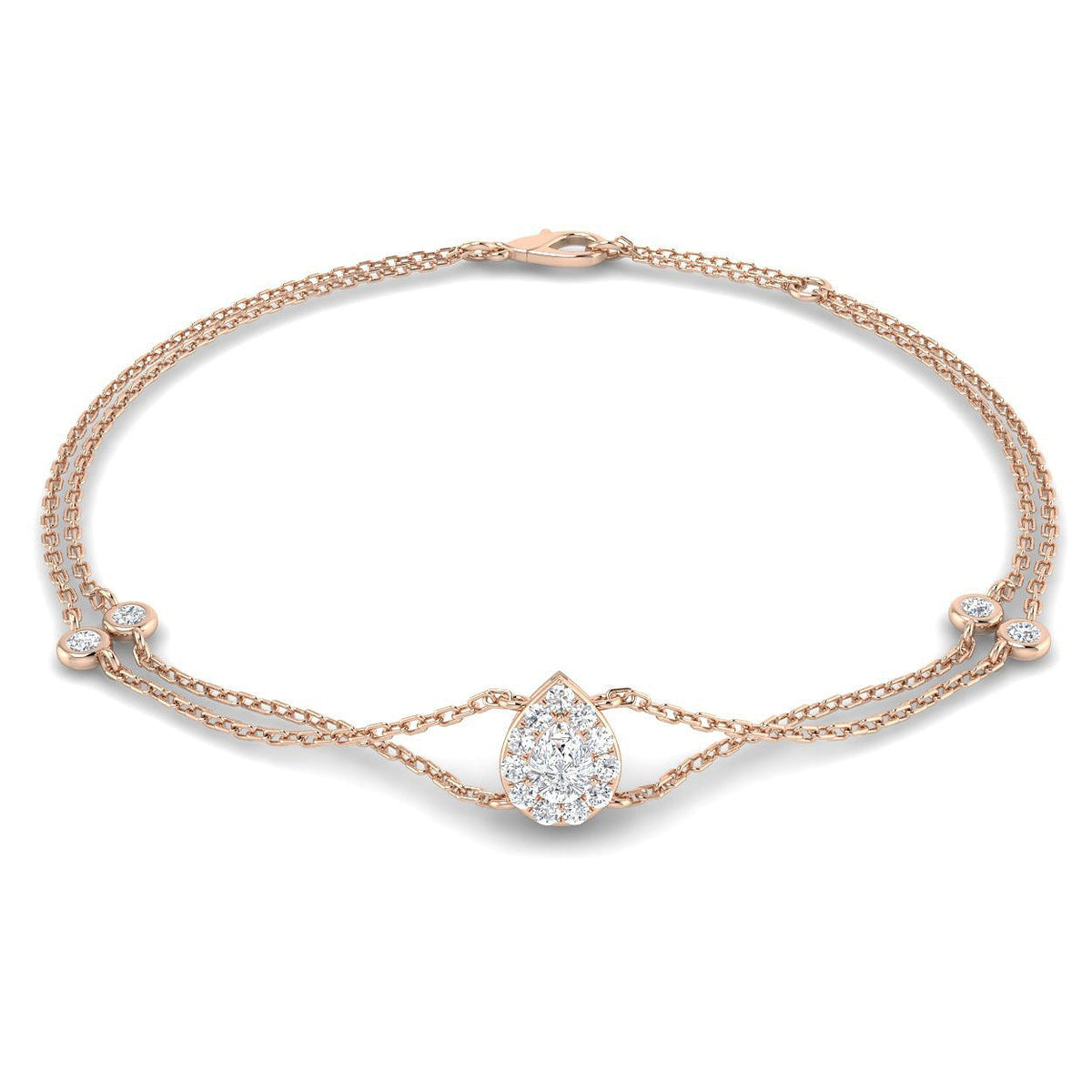 Natural Pear Halo Diamond Double Chain Bracelet with Lobster Clasp in 10K/14K gold and platinum with certified lab-grown or natural diamonds