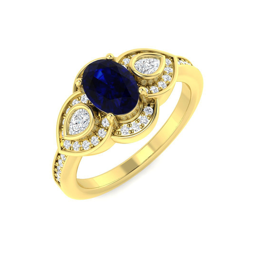 Oval Blue Sapphire Three Stone Ring with Pear Diamond Halo Accents in 10K/14K gold and platinum with certified lab-grown or natural diamonds