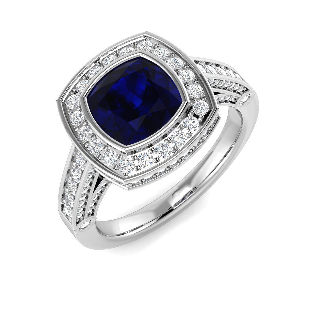 Vintage Cushion Cut Blue Sapphire Halo Ring with Split Shank Diamond Band in 10K/14K gold and platinum with certified lab-grown or natural diamonds