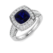 Vintage Cushion Cut Blue Sapphire Halo Ring with Split Shank Diamond Band in 10K/14K gold and platinum with certified lab-grown or natural diamonds