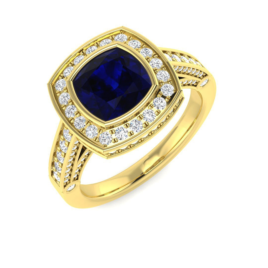 Vintage Cushion Cut Blue Sapphire Halo Ring with Split Shank Diamond Band in 10K/14K gold and platinum with certified lab-grown or natural diamonds