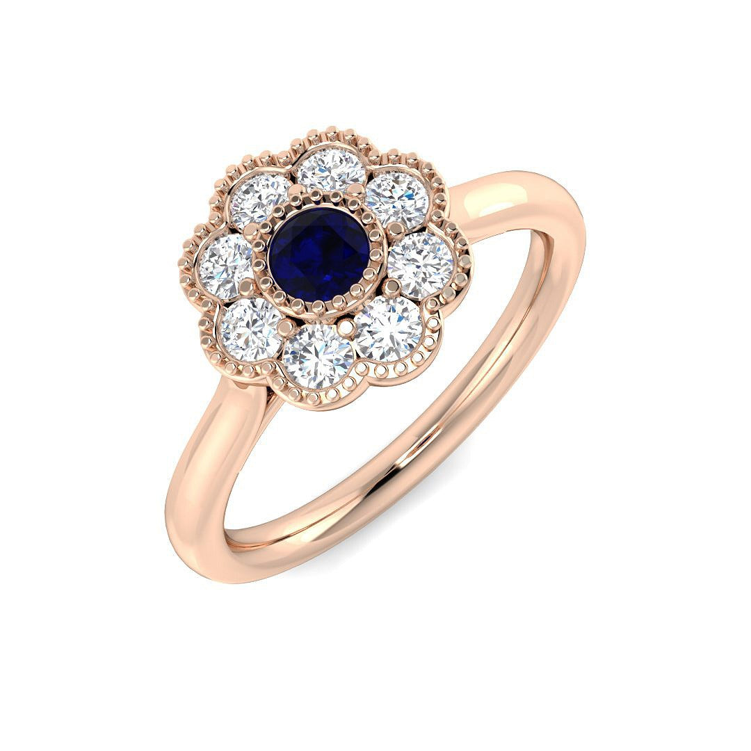 Vintage Blue Sapphire Diamond Cluster Ring in 10K/14K gold and platinum with certified lab-grown or natural diamonds