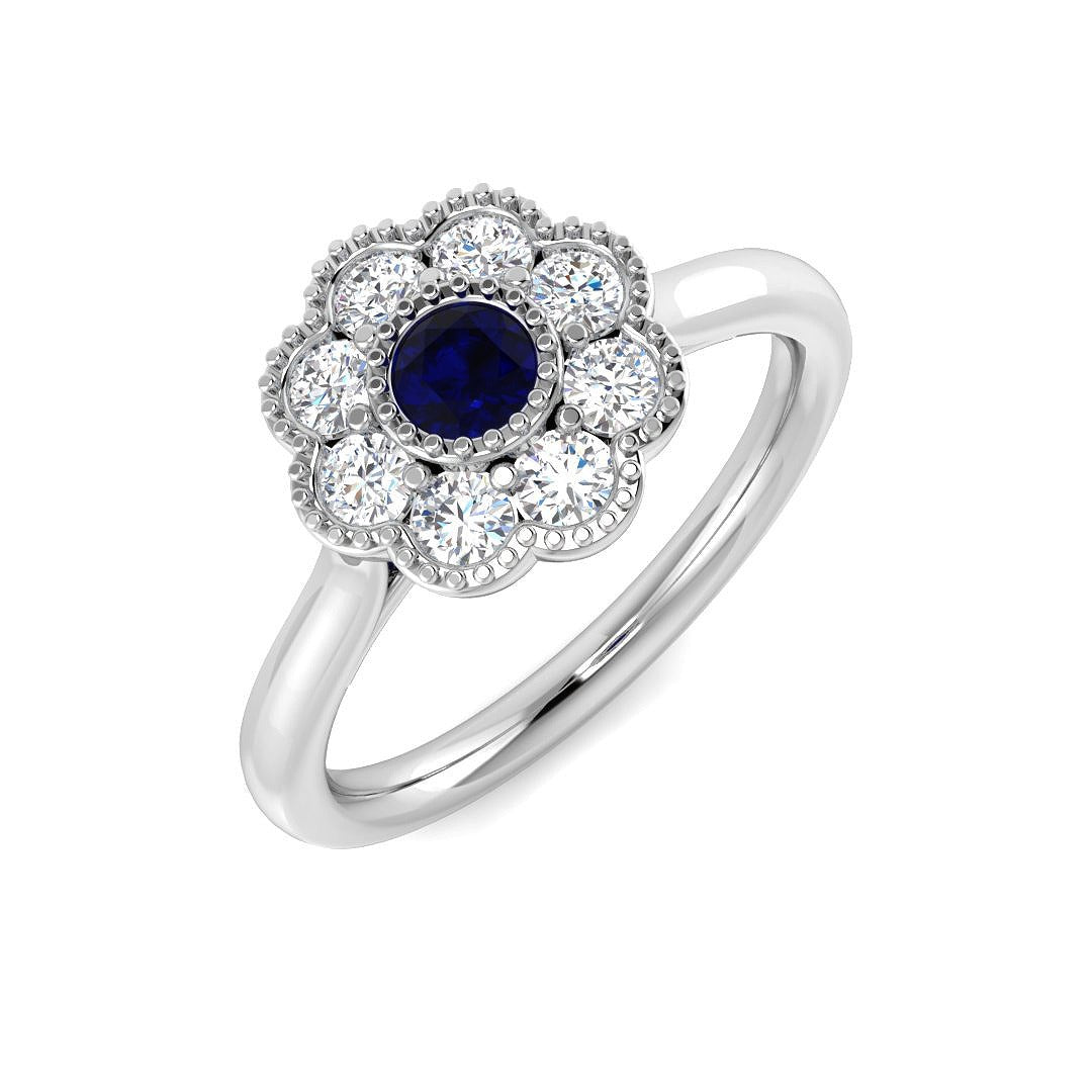 Vintage Blue Sapphire Diamond Cluster Ring in 10K/14K gold and platinum with certified lab-grown or natural diamonds