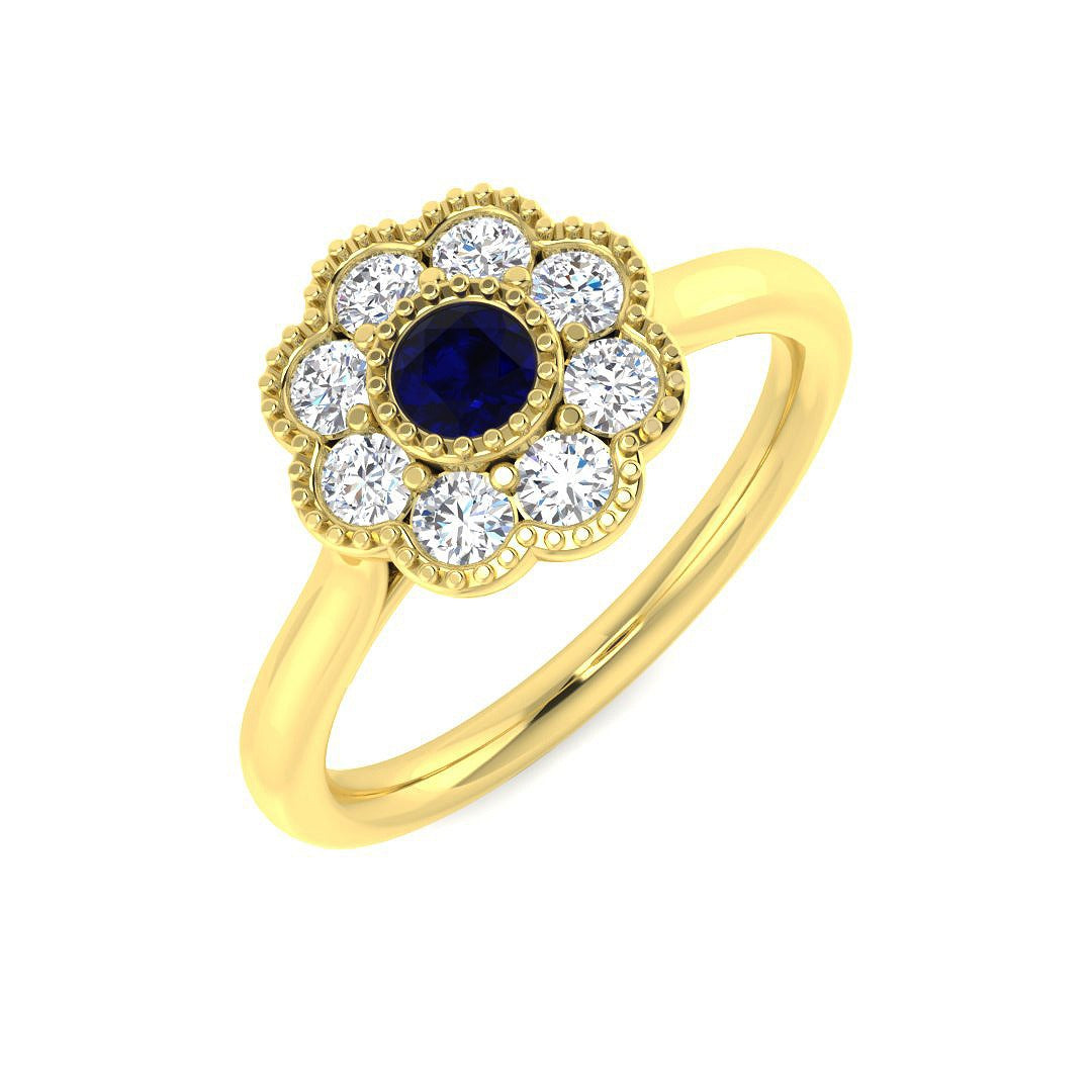 Vintage Blue Sapphire Diamond Cluster Ring in 10K/14K gold and platinum with certified lab-grown or natural diamonds