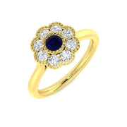 Vintage Blue Sapphire Diamond Cluster Ring in 10K/14K gold and platinum with certified lab-grown or natural diamonds