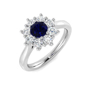 Blue Sapphire Halo Cluster Ring with Natural Diamonds in 10K/14K gold and platinum with certified lab-grown or natural diamonds