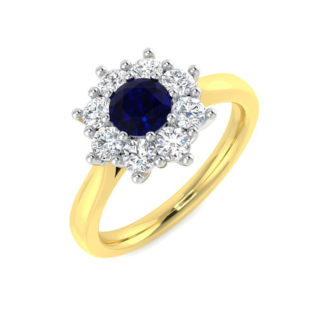 Blue Sapphire Halo Cluster Ring with Natural Diamonds in 10K/14K gold and platinum with certified lab-grown or natural diamonds