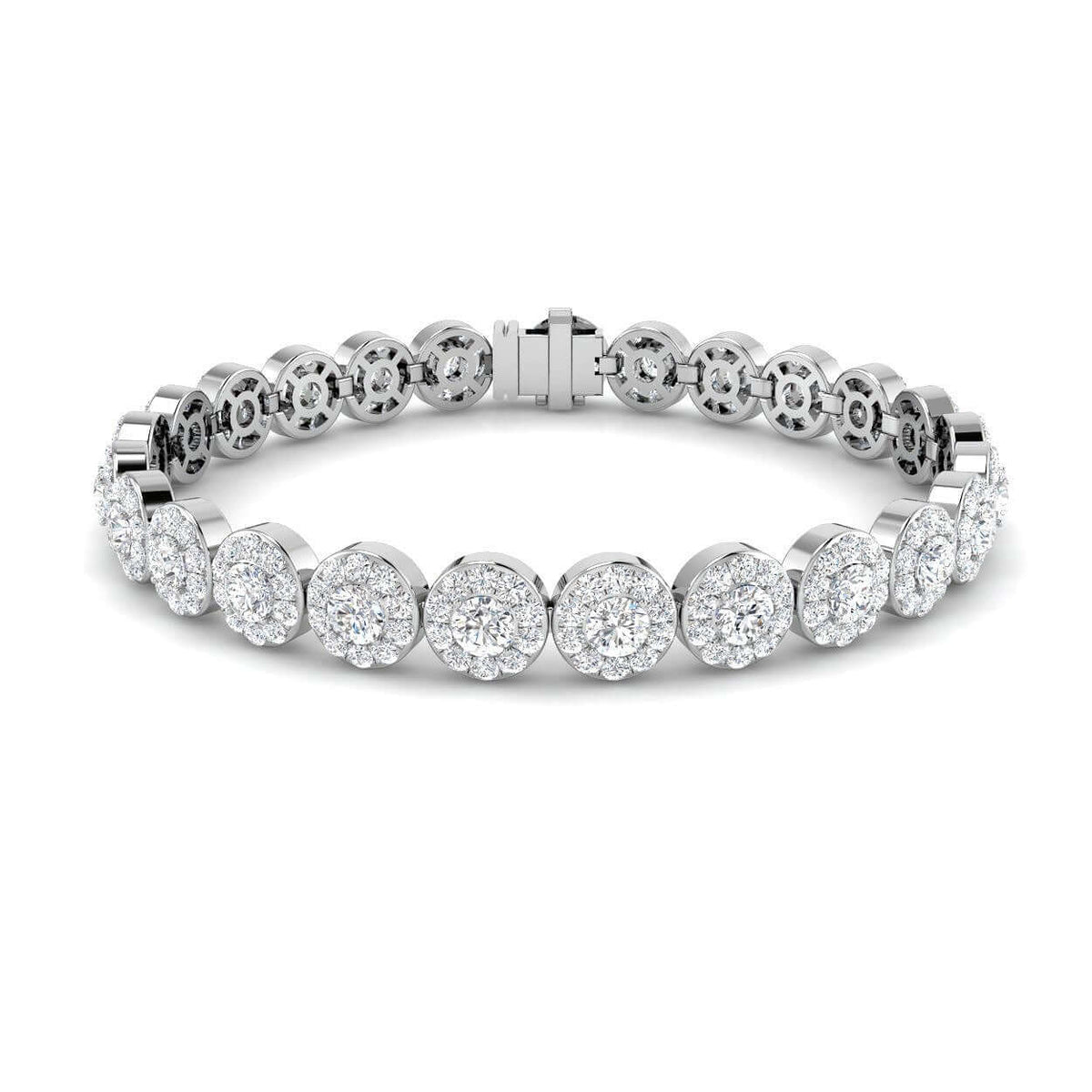 Lab Grown Diamond Halo Tennis Bracelet with Box Clasp & Safety Lock in 10K/14K gold and platinum with certified lab-grown or natural diamonds