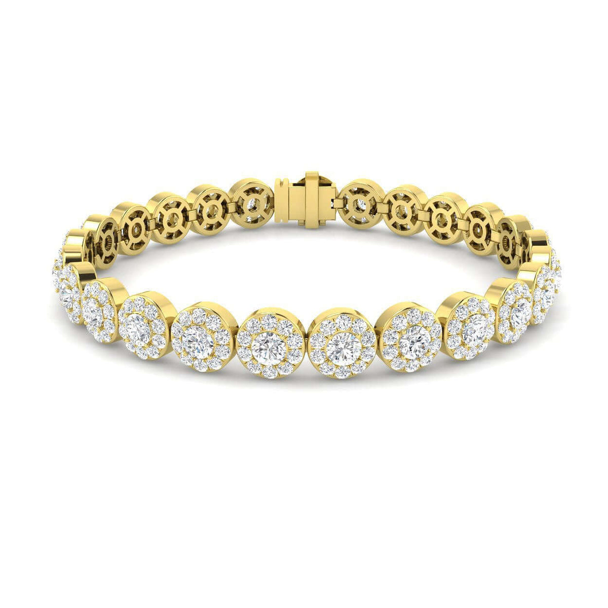 Lab Grown Diamond Halo Tennis Bracelet with Box Clasp & Safety Lock in 10K/14K gold and platinum with certified lab-grown or natural diamonds