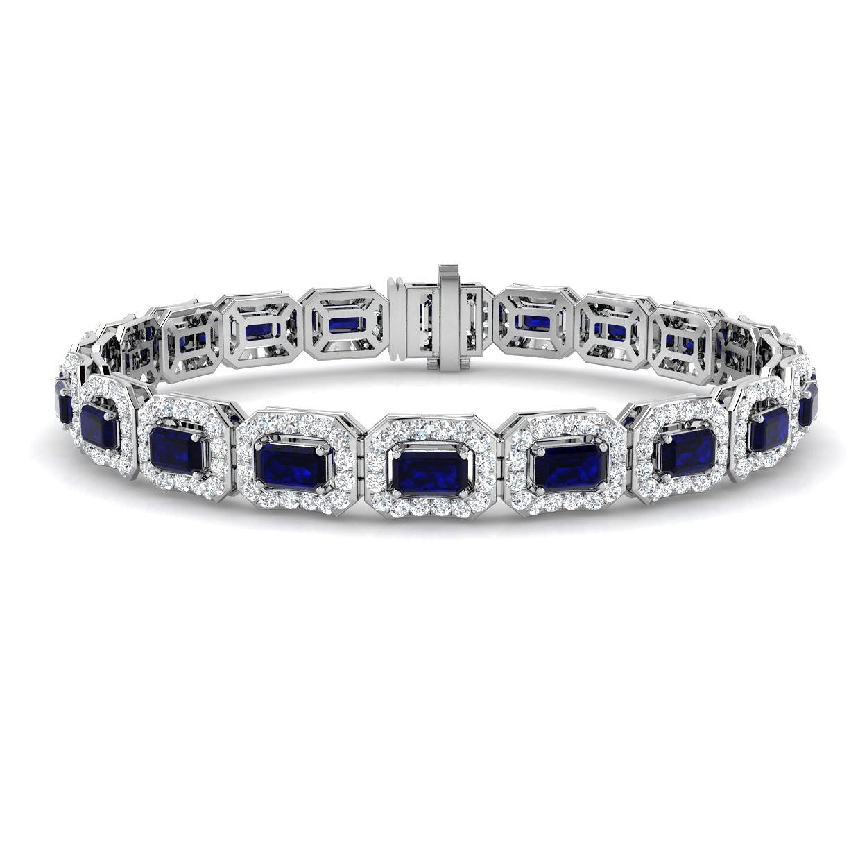 Sapphire Gemstone Halo Tennis Bracelet with Natural Diamonds & Solid in 10K/14K gold and platinum with certified lab-grown or natural diamonds