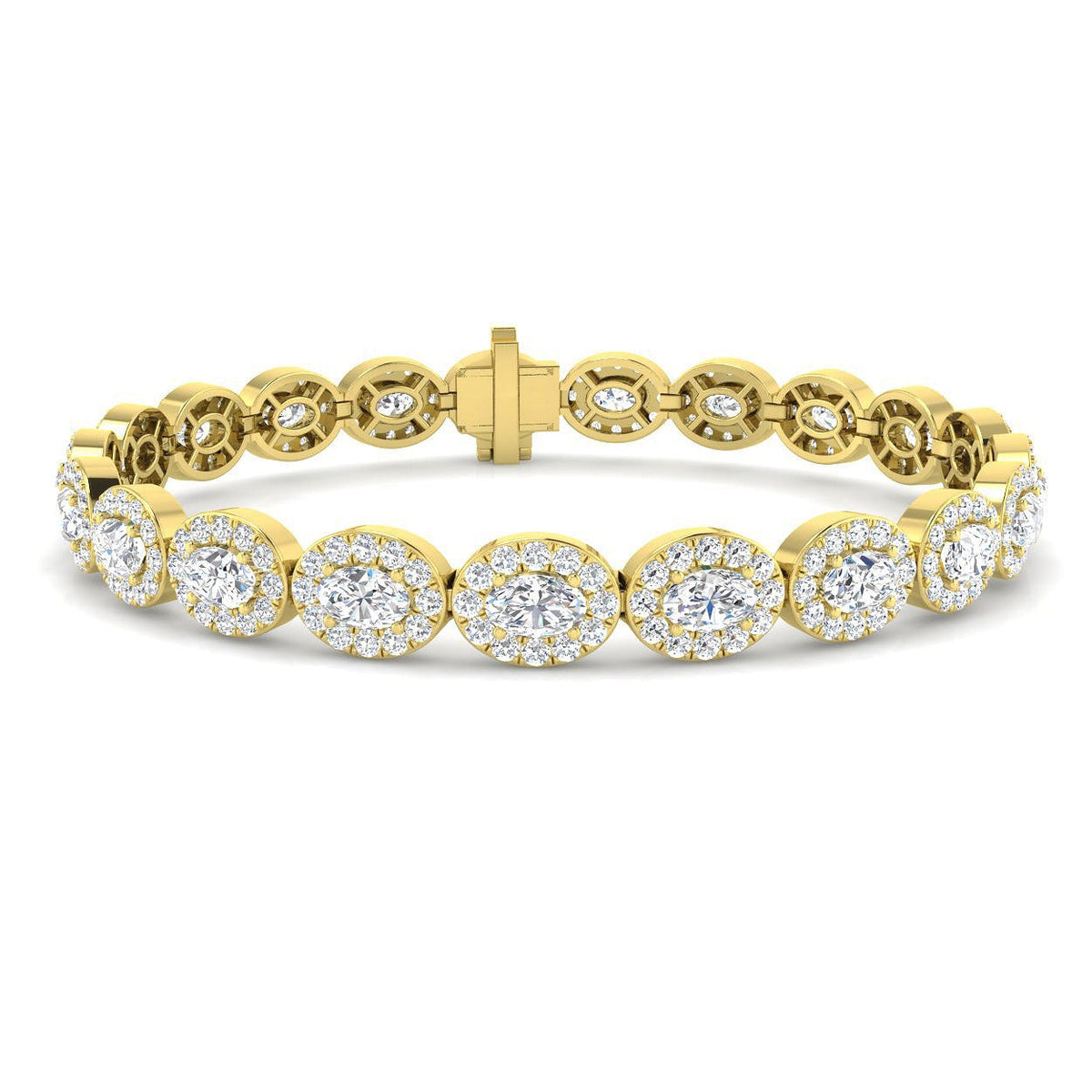 Natural Diamond Oval Halo Tennis Bracelet with Box Clasp and Safety Latch in 10K/14K gold and platinum with certified lab-grown or natural diamonds