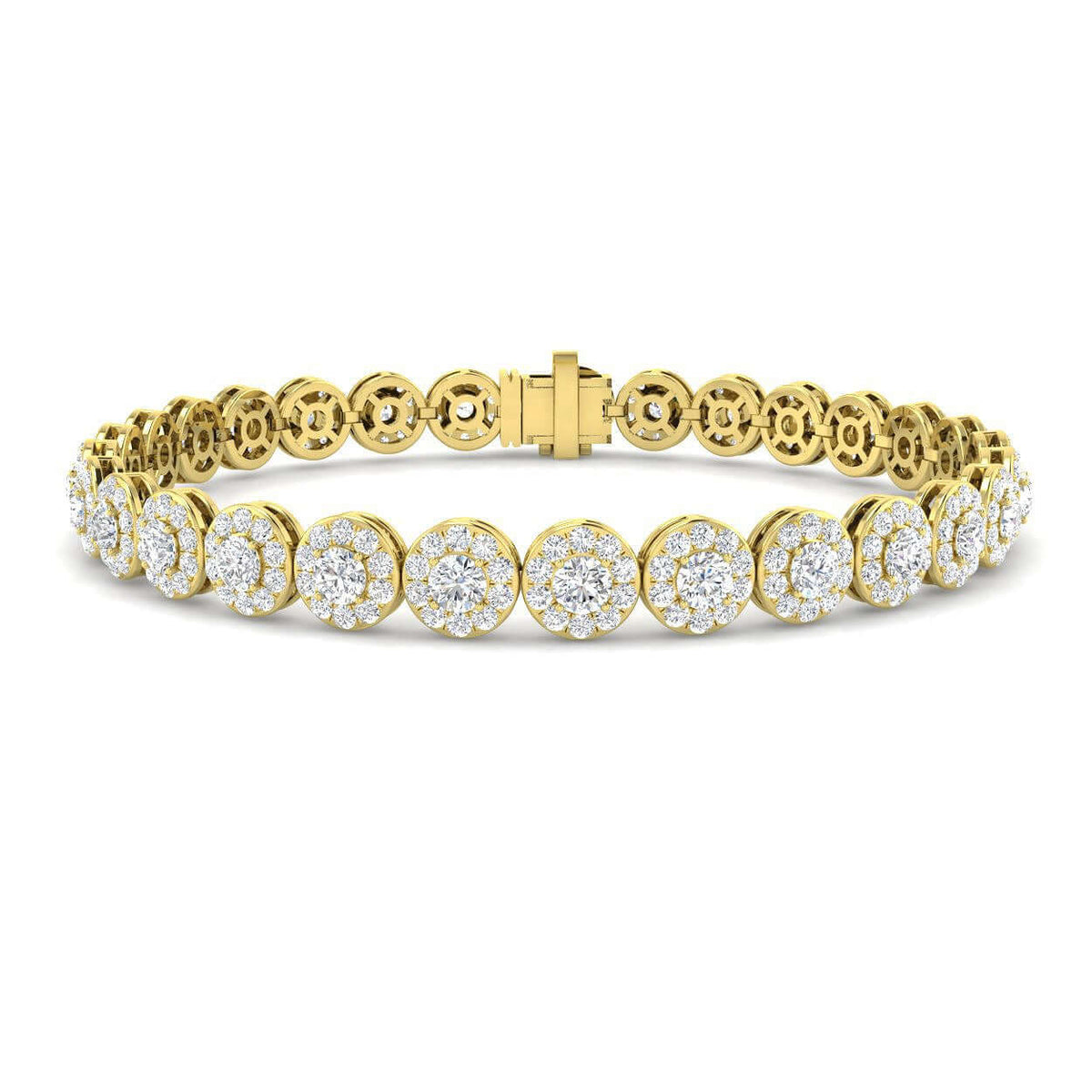 Lab Grown Diamond Halo Tennis Bracelet with Box Clasp & Safety Lock in 10K/14K gold and platinum with certified lab-grown or natural diamonds