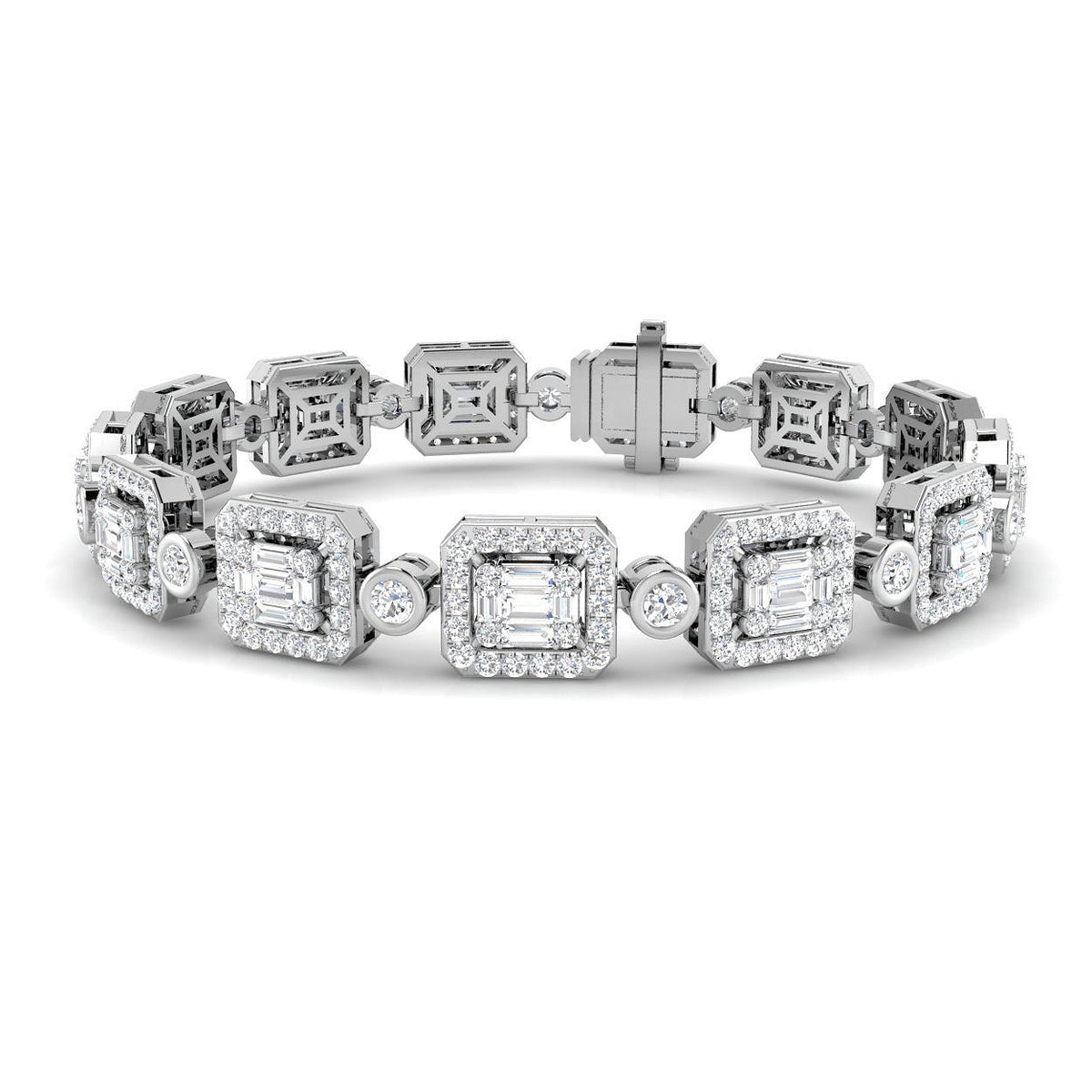 Emerald Cut & Round Diamond Halo Tennis Bracelet with Box Clasp in 10K/14K gold and platinum with certified lab-grown or natural diamonds