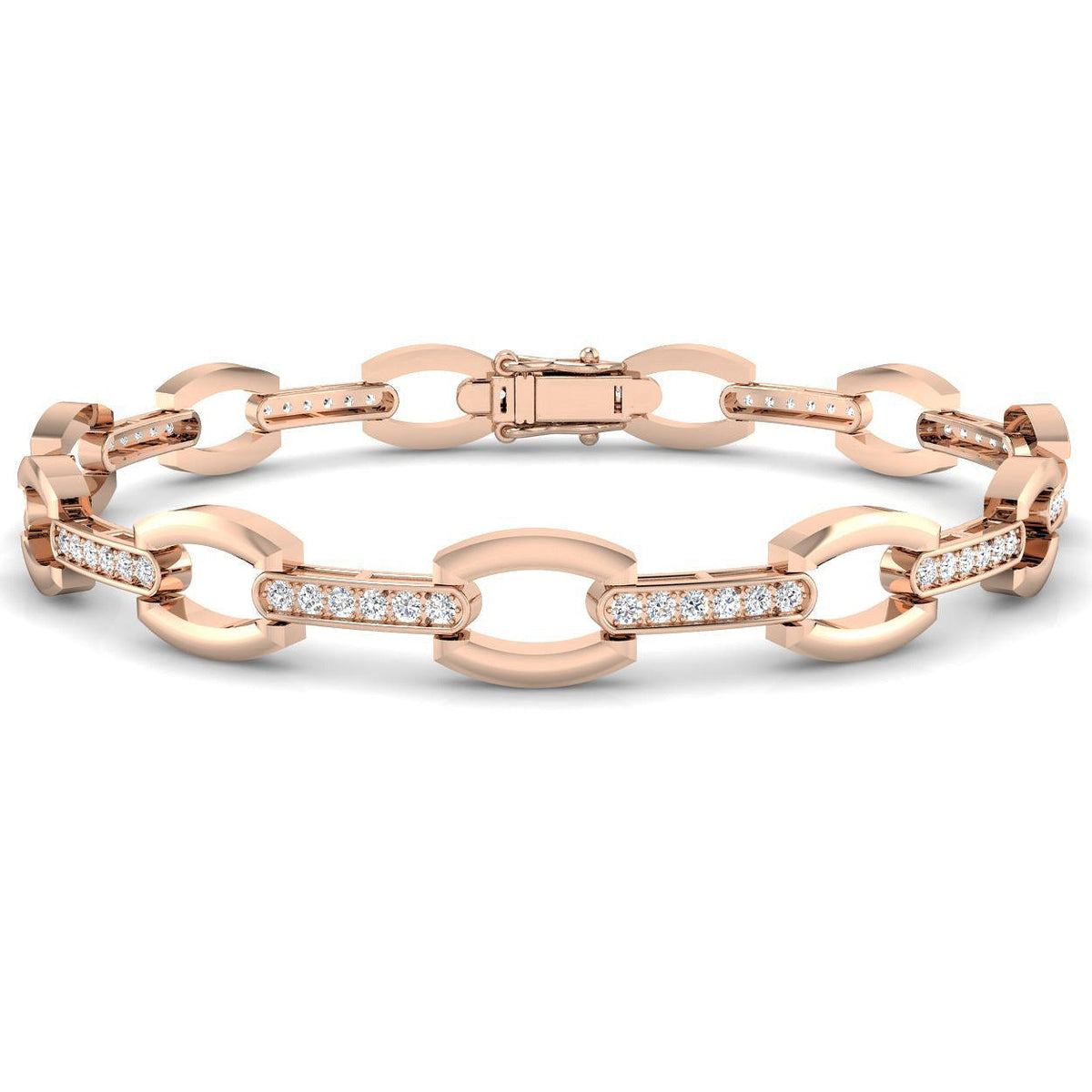 Round Cut Lab Grown Diamond Oval Link Bracelet with Pave Bar Accents in 10K/14K gold and platinum with certified lab-grown or natural diamonds