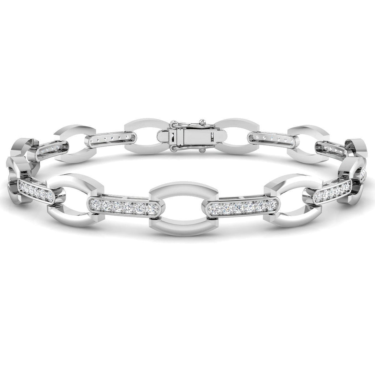 Round Cut Lab Grown Diamond Oval Link Bracelet with Pave Bar Accents in 10K/14K gold and platinum with certified lab-grown or natural diamonds