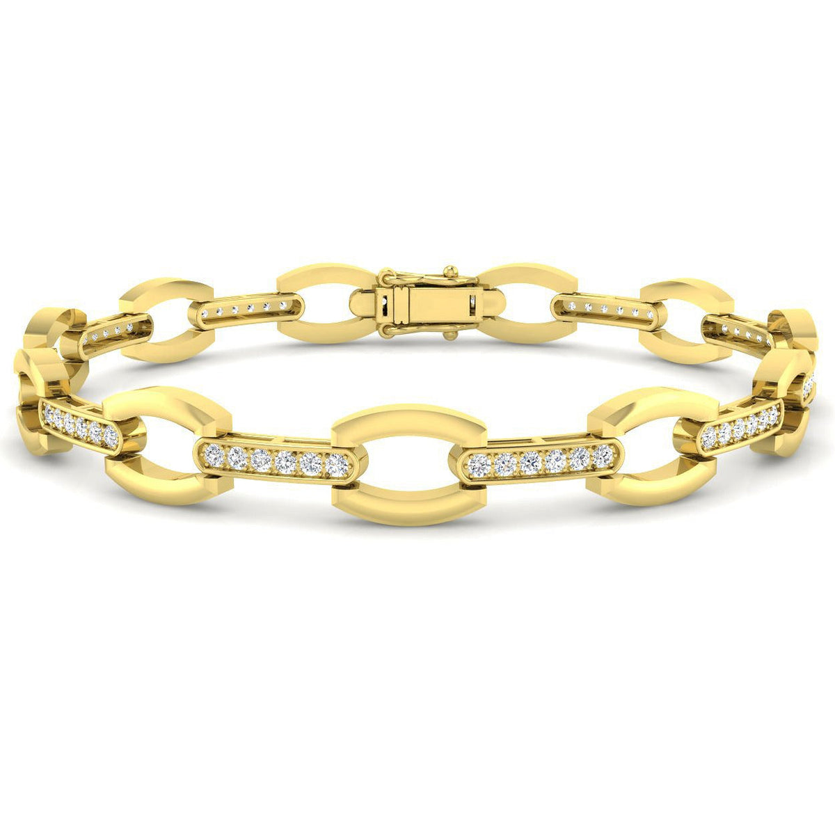 Round Cut Lab Grown Diamond Oval Link Bracelet with Pave Bar Accents in 10K/14K gold and platinum with certified lab-grown or natural diamonds