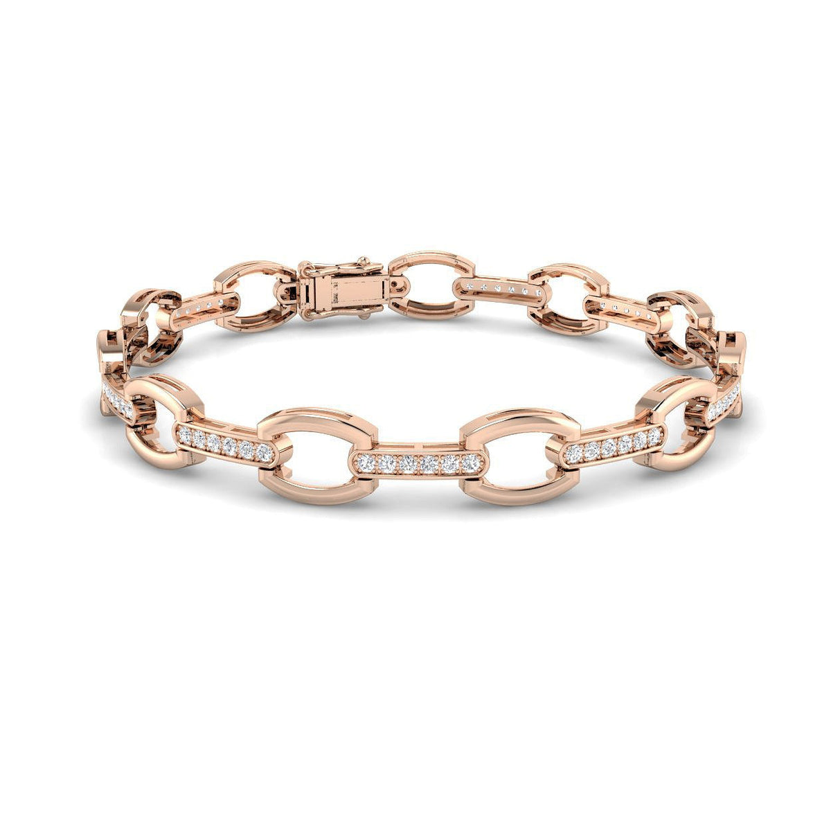 Round Cut Lab Grown Diamond Oval Link Bracelet with Pave Bar Accents in 10K/14K gold and platinum with certified lab-grown or natural diamonds