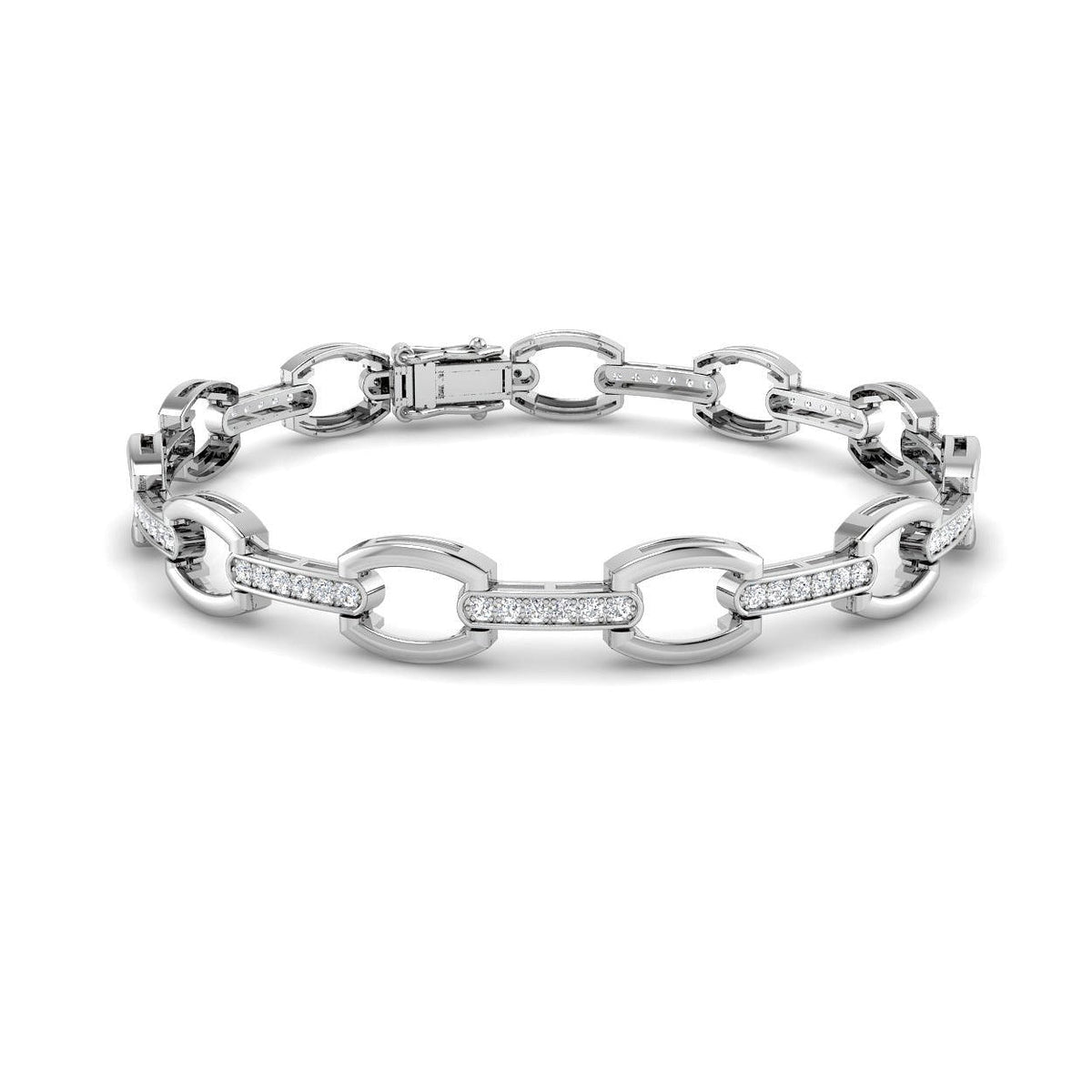 Round Cut Lab Grown Diamond Oval Link Bracelet with Pave Bar Accents in 10K/14K gold and platinum with certified lab-grown or natural diamonds