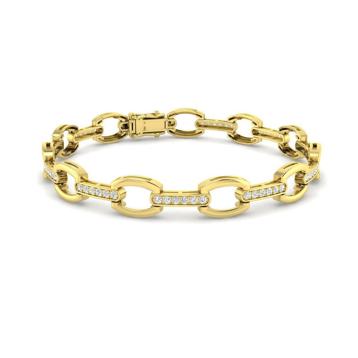 Round Cut Lab Grown Diamond Oval Link Bracelet with Pave Bar Accents in 10K/14K gold and platinum with certified lab-grown or natural diamonds