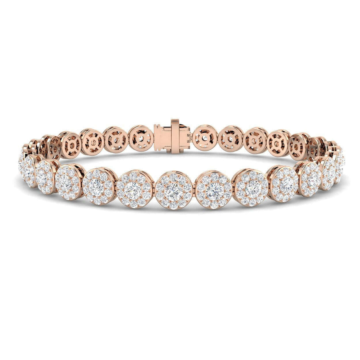 Lab Grown Diamond Halo Tennis Bracelet with Box Clasp & Safety Lock in 10K/14K gold and platinum with certified lab-grown or natural diamonds