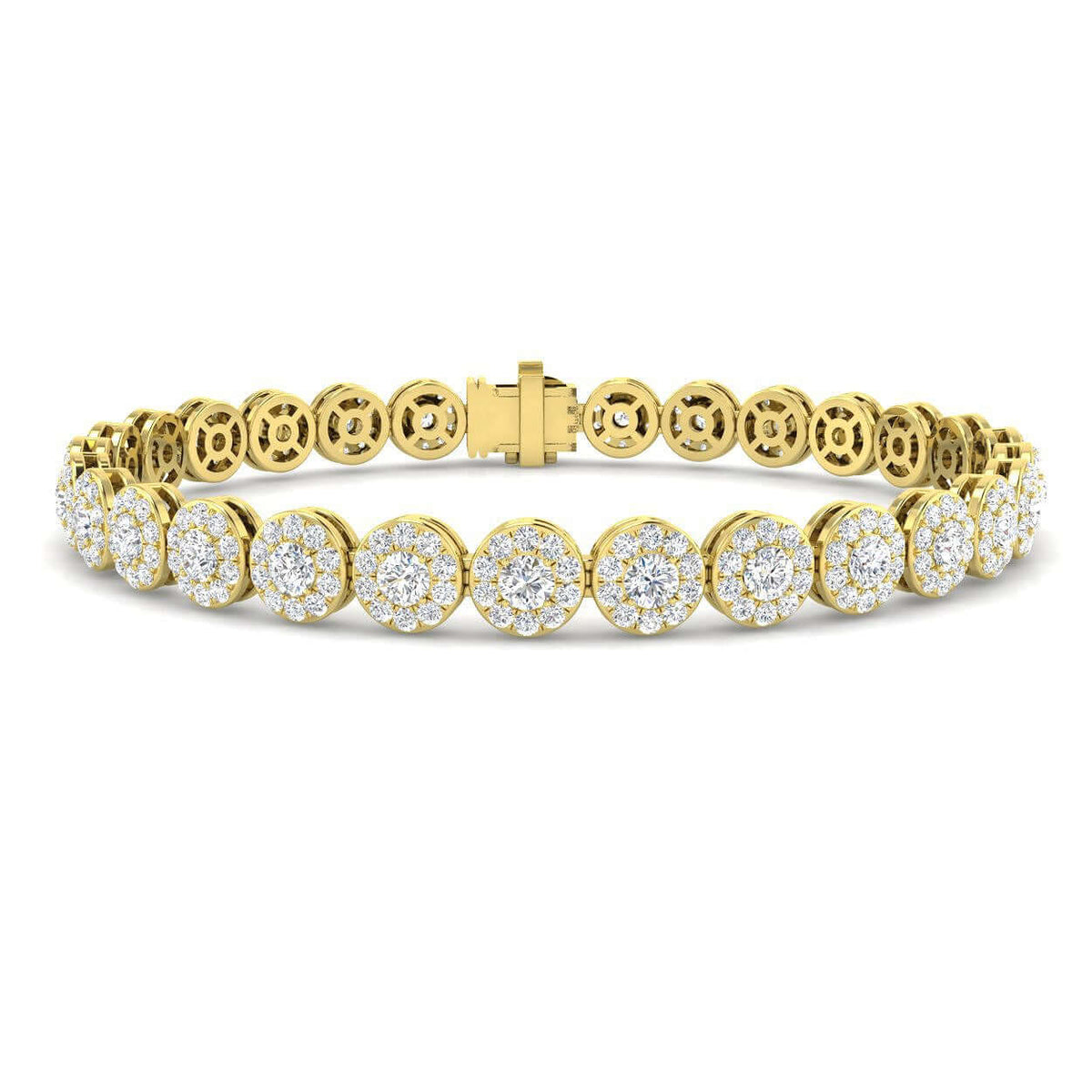 Lab Grown Diamond Halo Tennis Bracelet with Box Clasp & Safety Lock in 10K/14K gold and platinum with certified lab-grown or natural diamonds