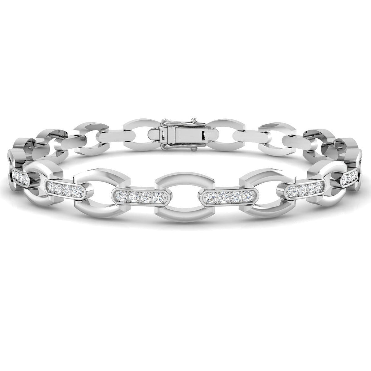 Round Cut Lab Grown Diamond Oval Link Bracelet with Pave Bar Accents in 10K/14K gold and platinum with certified lab-grown or natural diamonds