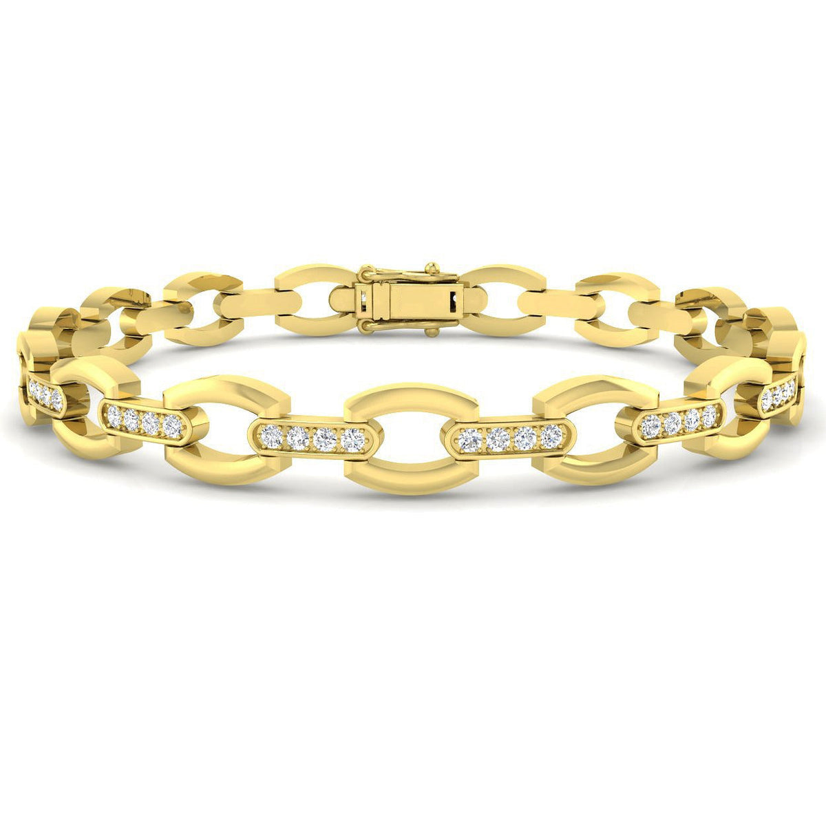 Round Cut Lab Grown Diamond Oval Link Bracelet with Pave Bar Accents in 10K/14K gold and platinum with certified lab-grown or natural diamonds