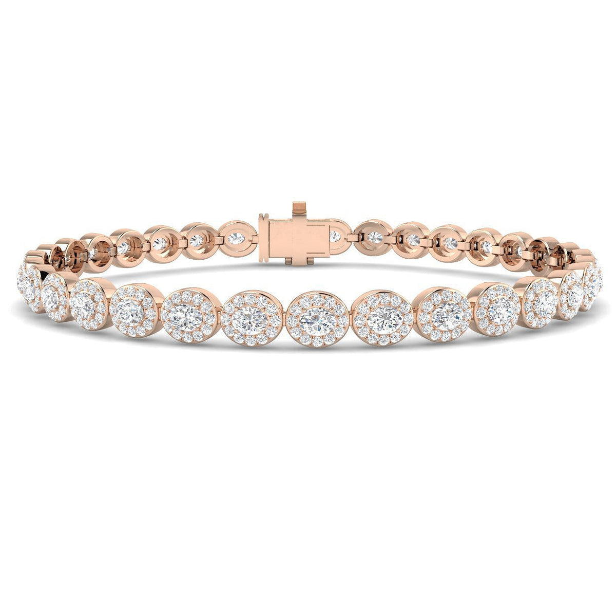 Natural Diamond Oval Halo Tennis Bracelet with Box Clasp and Safety Latch in 10K/14K gold and platinum with certified lab-grown or natural diamonds