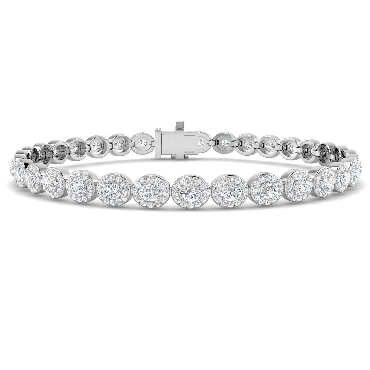 Natural Diamond Oval Halo Tennis Bracelet with Box Clasp and Safety Latch in 10K/14K gold and platinum with certified lab-grown or natural diamonds