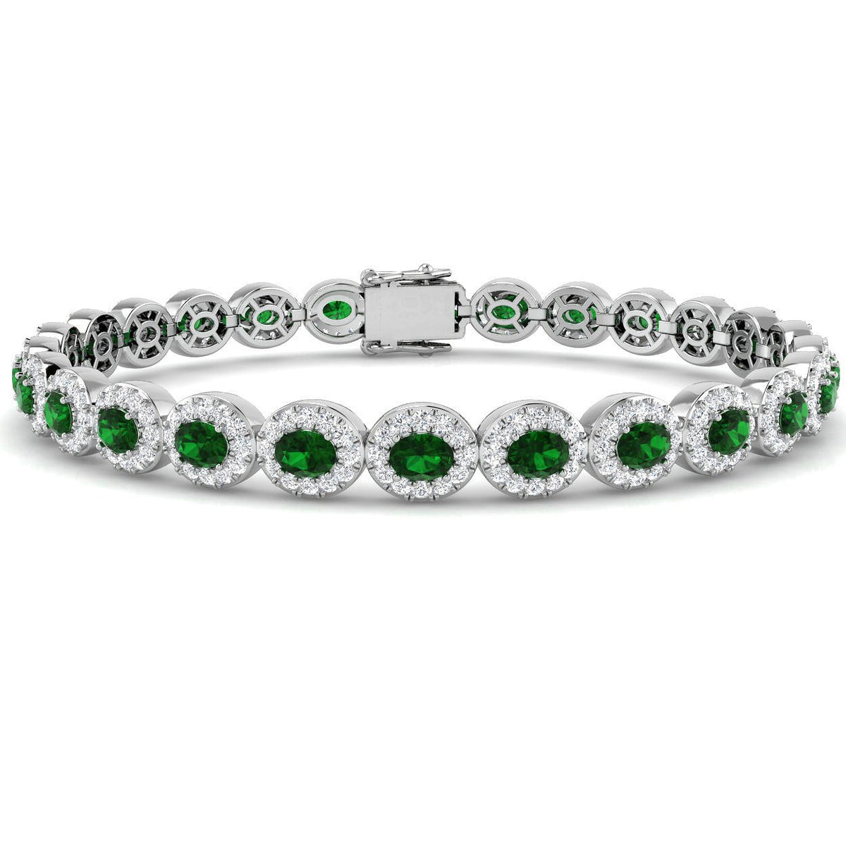 Oval Green Emerald Halo Diamond Tennis Bracelet in 10K/14K gold and platinum with certified lab-grown or natural diamonds