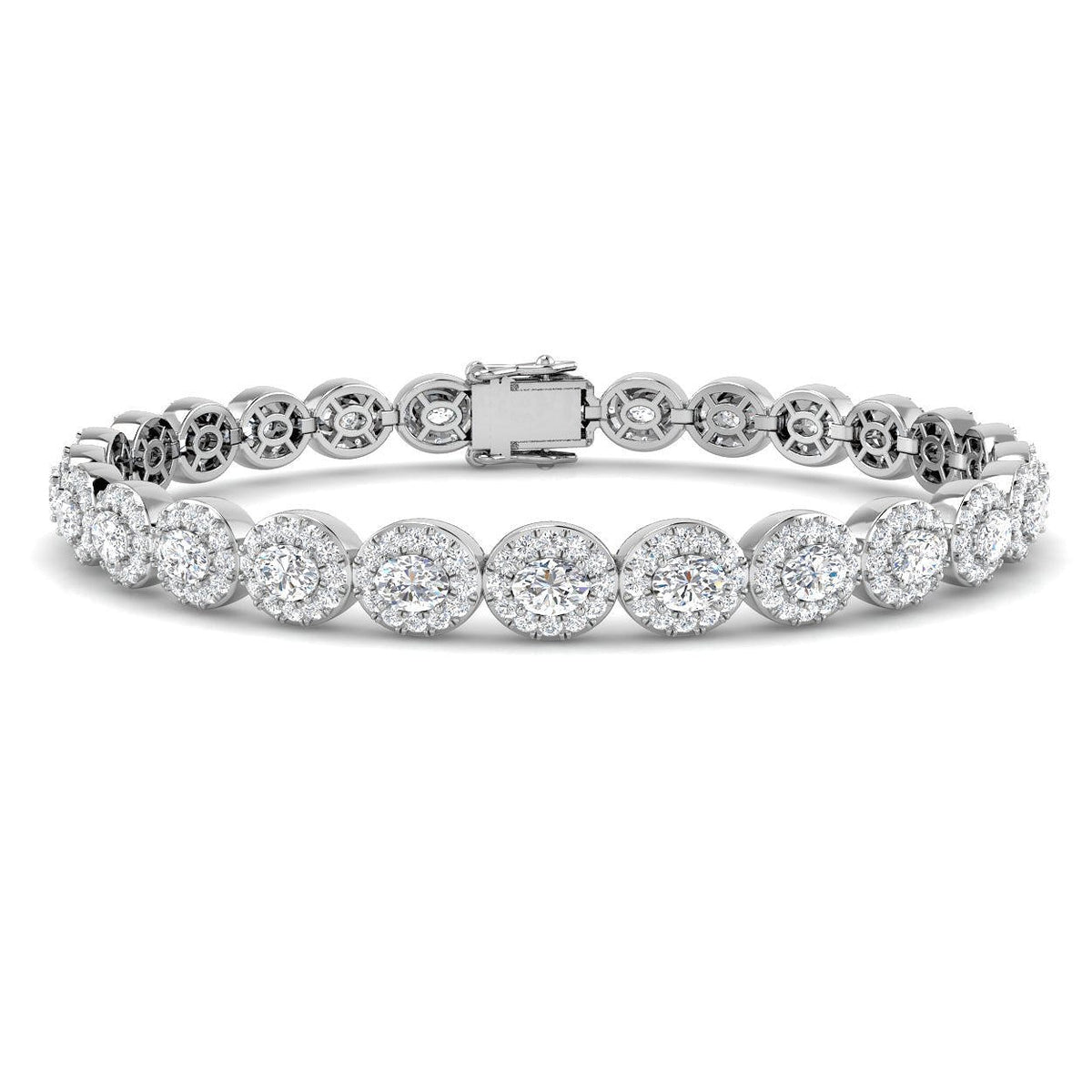 Natural Diamond Oval Halo Tennis Bracelet with Box Clasp and Safety Latch in 10K/14K gold and platinum with certified lab-grown or natural diamonds