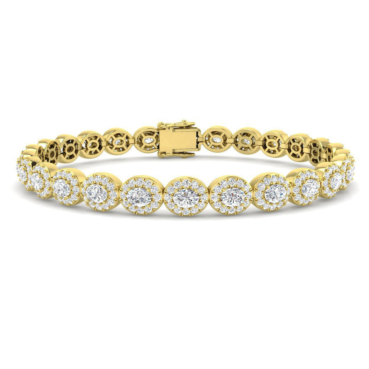 Natural Diamond Oval Halo Tennis Bracelet with Box Clasp and Safety Latch in 10K/14K gold and platinum with certified lab-grown or natural diamonds