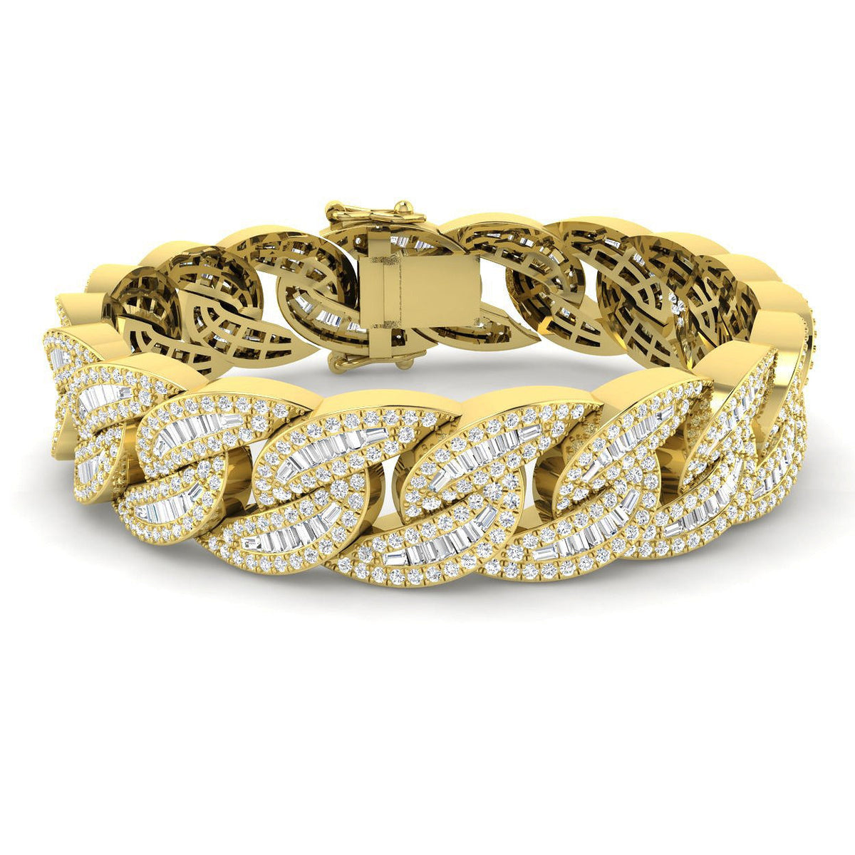 Hip-Hop Style Cuban Link Diamond Bracelet with Baguette & Round Diamonds in 10K/14K gold and platinum with certified lab-grown or natural diamonds