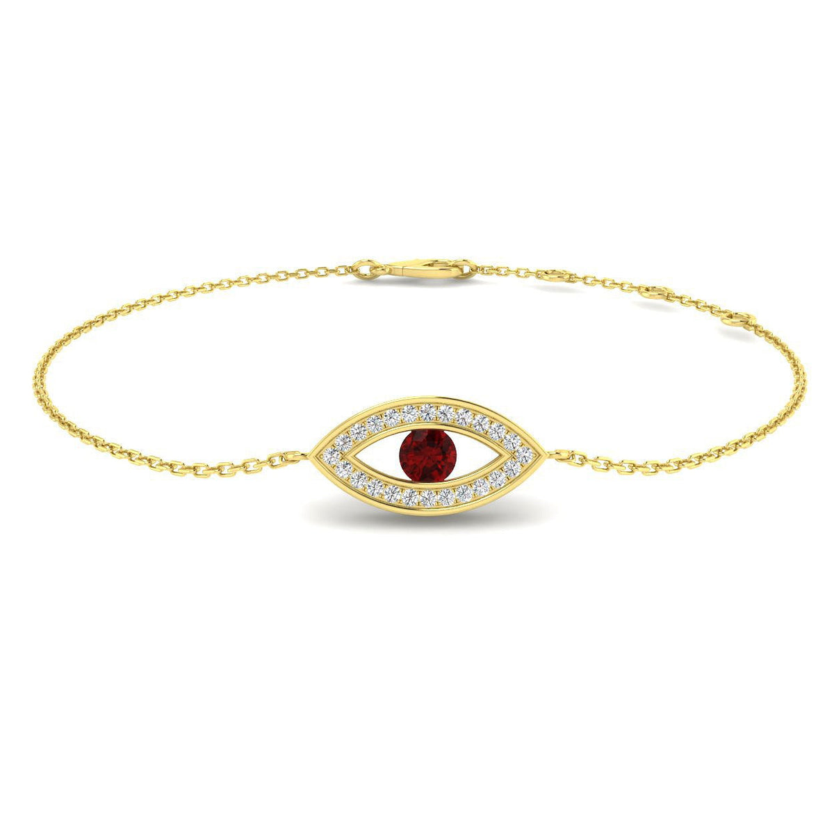 Natural Round Cut with Center Ruby Gemstone Evil Eye Bracelet - Lobster Claw in 10K/14K gold and platinum with certified lab-grown or natural diamonds