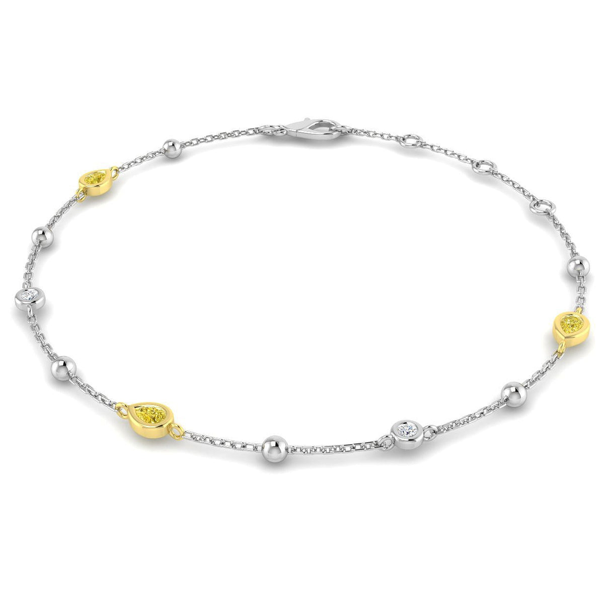 Natural Yellow Pear & Round Cut Bezel Set Diamond Beaded Bracelet in 10K/14K gold and platinum with certified lab-grown or natural diamonds