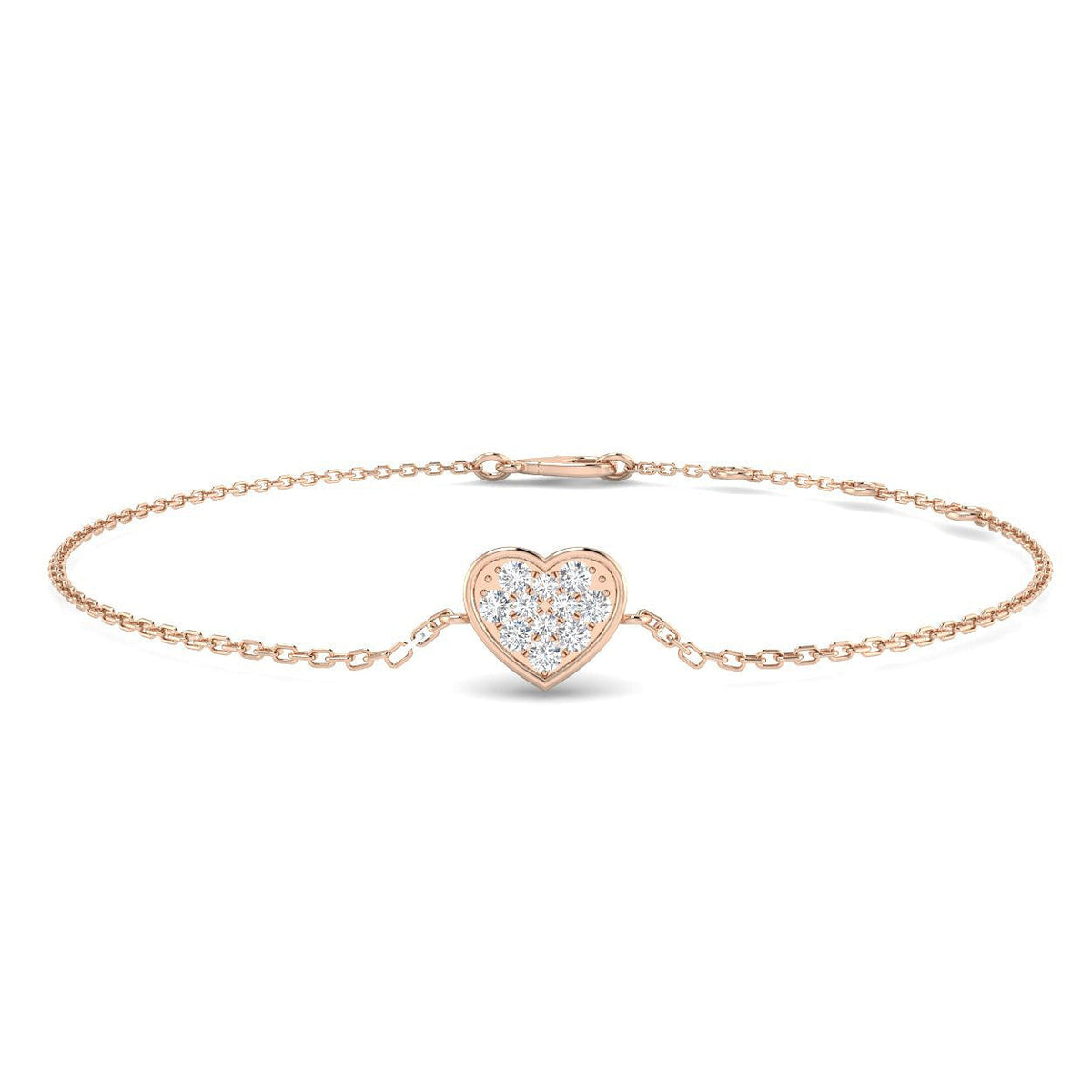 Round Cut Lab Grown Diamond Pave Cluster Set Heart bracelet with Lobster Claw in 10K/14K gold and platinum with certified lab-grown or natural diamonds
