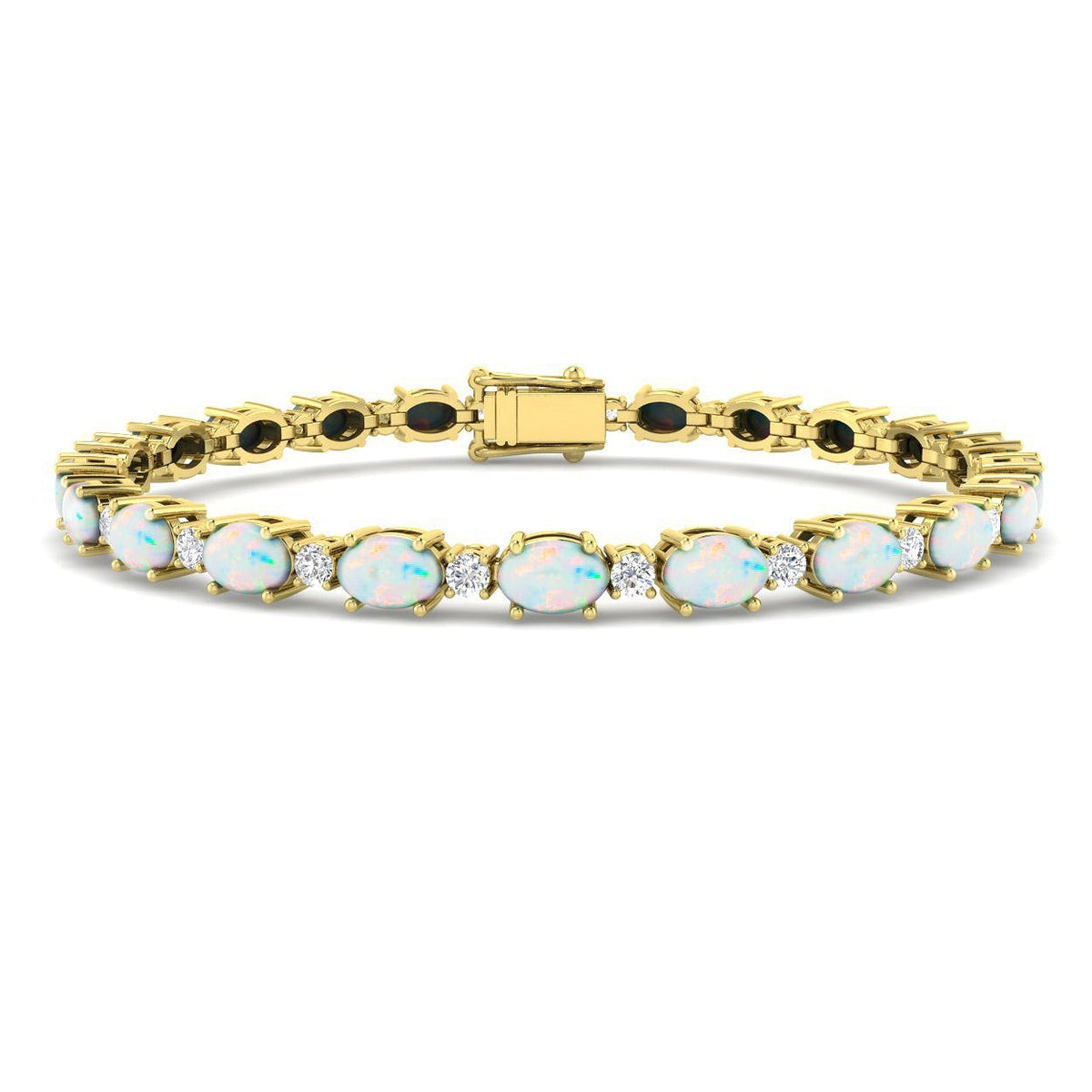Prong Set Oval Cut Opal Gemstone and Natural Diamond Tennis Bracelet in Solid in 10K/14K gold and platinum with certified lab-grown or natural diamonds