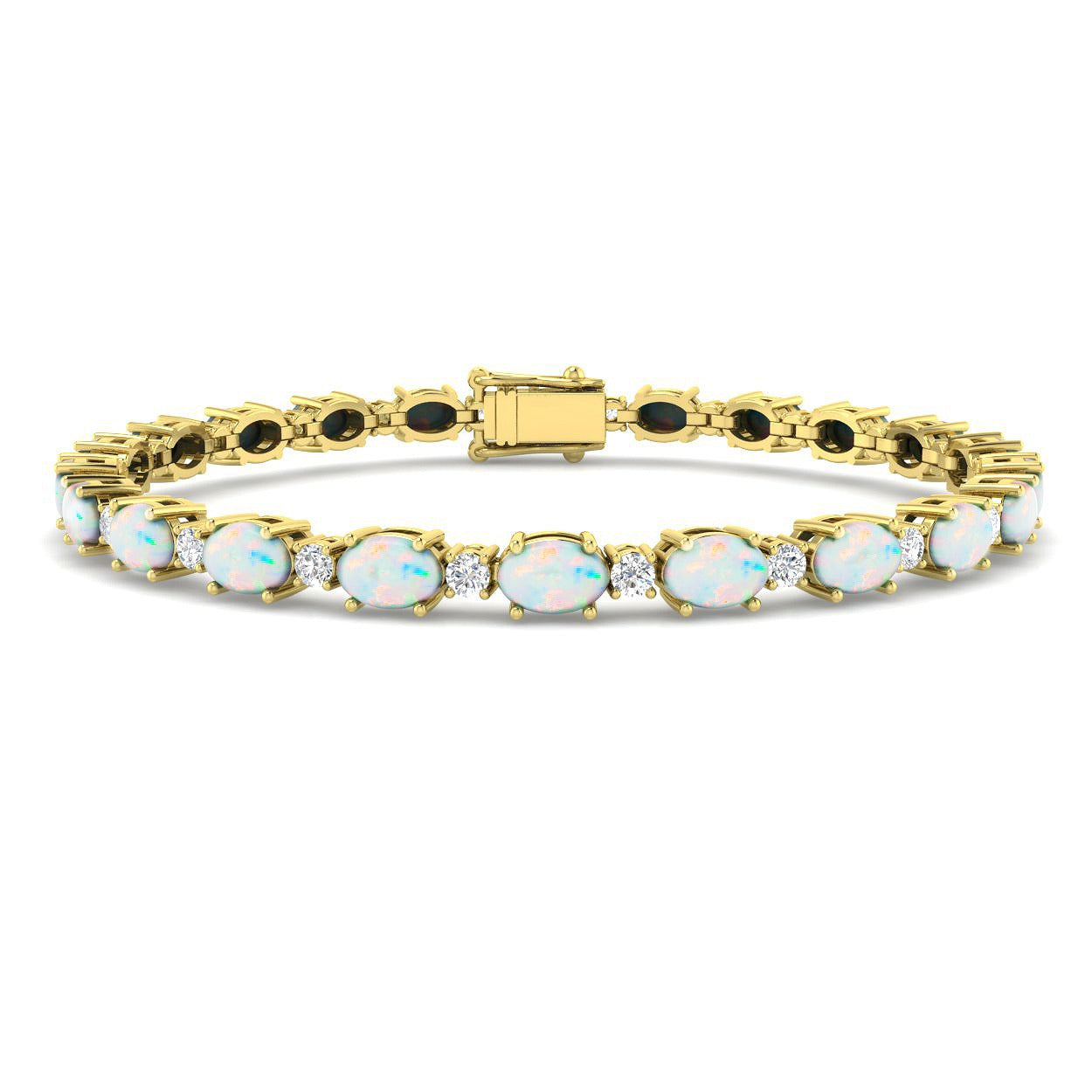 Prong Set Oval Cut Opal Gemstone and Natural Diamond Tennis Bracelet in Solid in 10K/14K gold and platinum with certified lab-grown or natural diamonds