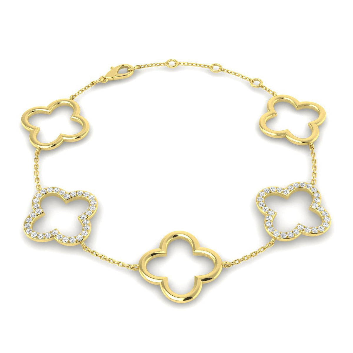 Lab Grown Diamond Four Leaf Clover Bracelet in 10K/14K gold and platinum with certified lab-grown or natural diamonds