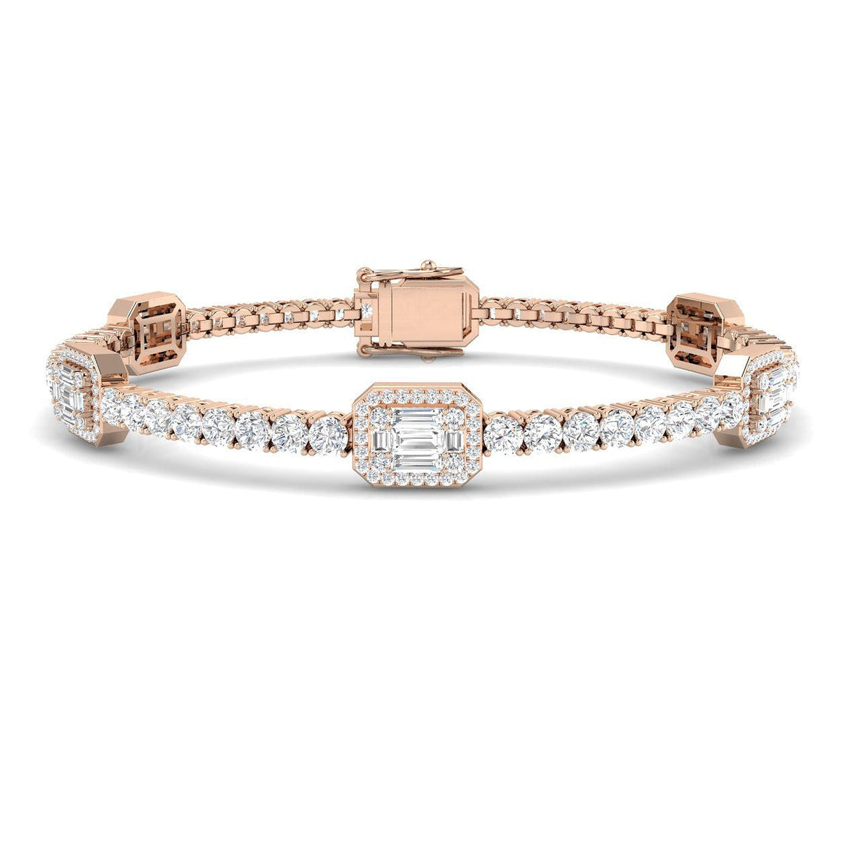 Emerald Style Round & Baguette Diamond Halo Bracelet in 10K/14K gold and platinum with certified lab-grown or natural diamonds