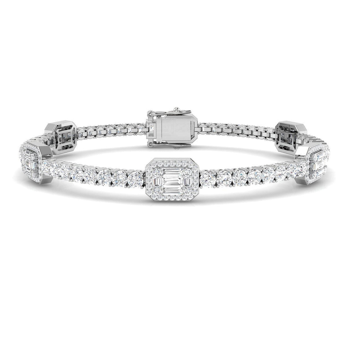 Emerald Style Round & Baguette Diamond Halo Bracelet in 10K/14K gold and platinum with certified lab-grown or natural diamonds