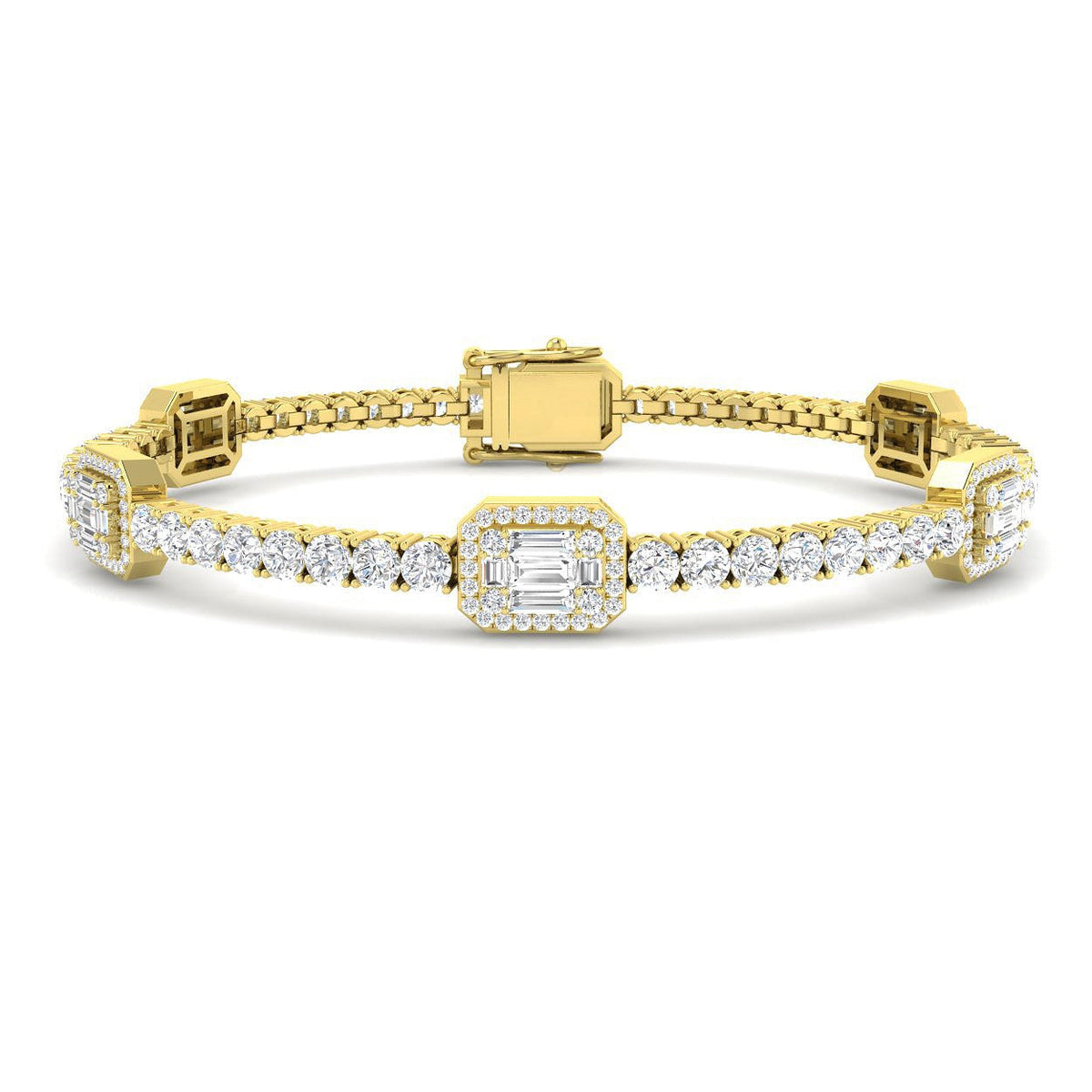 Emerald Style Round & Baguette Diamond Halo Bracelet in 10K/14K gold and platinum with certified lab-grown or natural diamonds