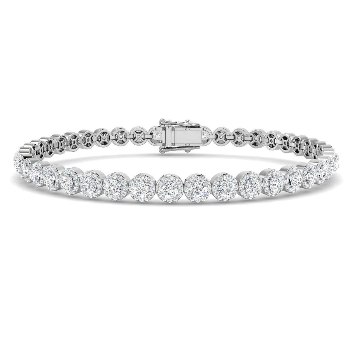 Lab Grown Diamond Halo Tennis Bracelet with Box Clasp & Safety Lock in 10K/14K gold and platinum with certified lab-grown or natural diamonds