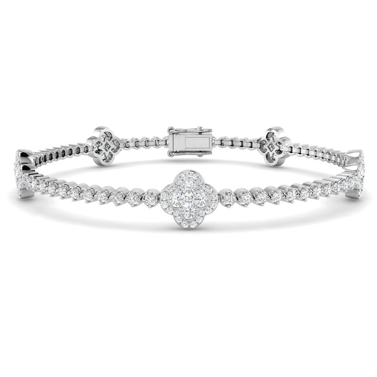 Natural Diamond Clover Link Tennis Bracelet Solid Gold with Box Clasp in 10K/14K gold and platinum with certified lab-grown or natural diamonds