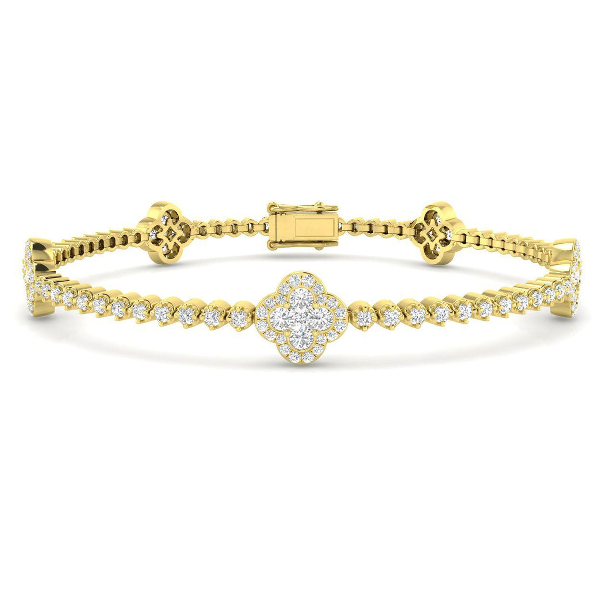 Natural Diamond Clover Link Tennis Bracelet Solid Gold with Box Clasp in 10K/14K gold and platinum with certified lab-grown or natural diamonds