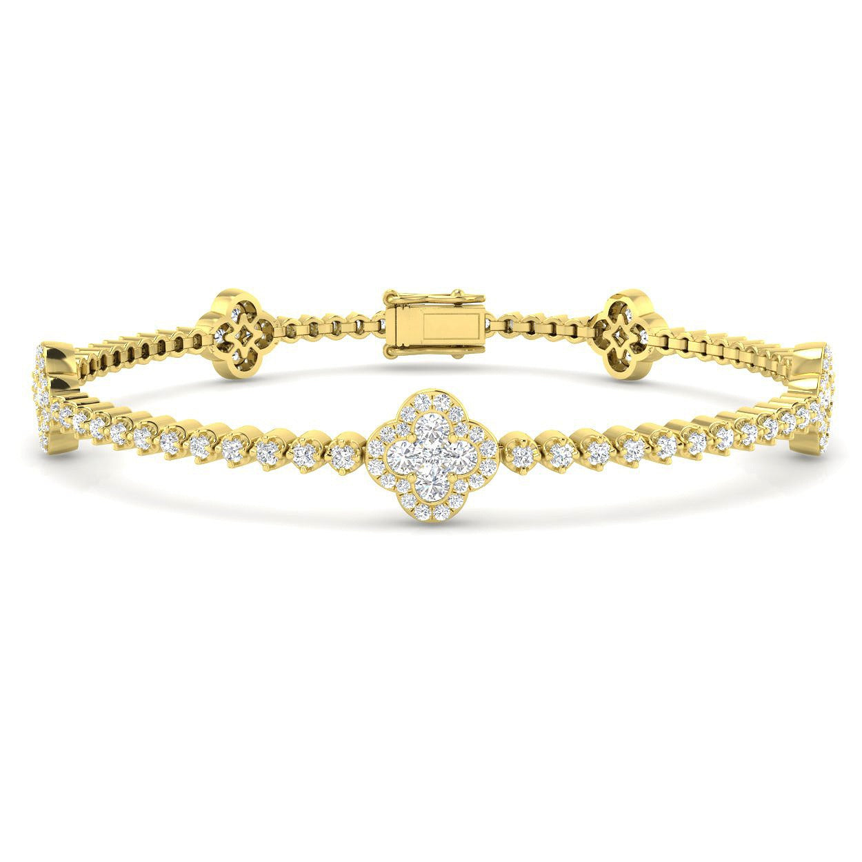 Natural Diamond Clover Link Tennis Bracelet Solid Gold with Box Clasp in 10K/14K gold and platinum with certified lab-grown or natural diamonds