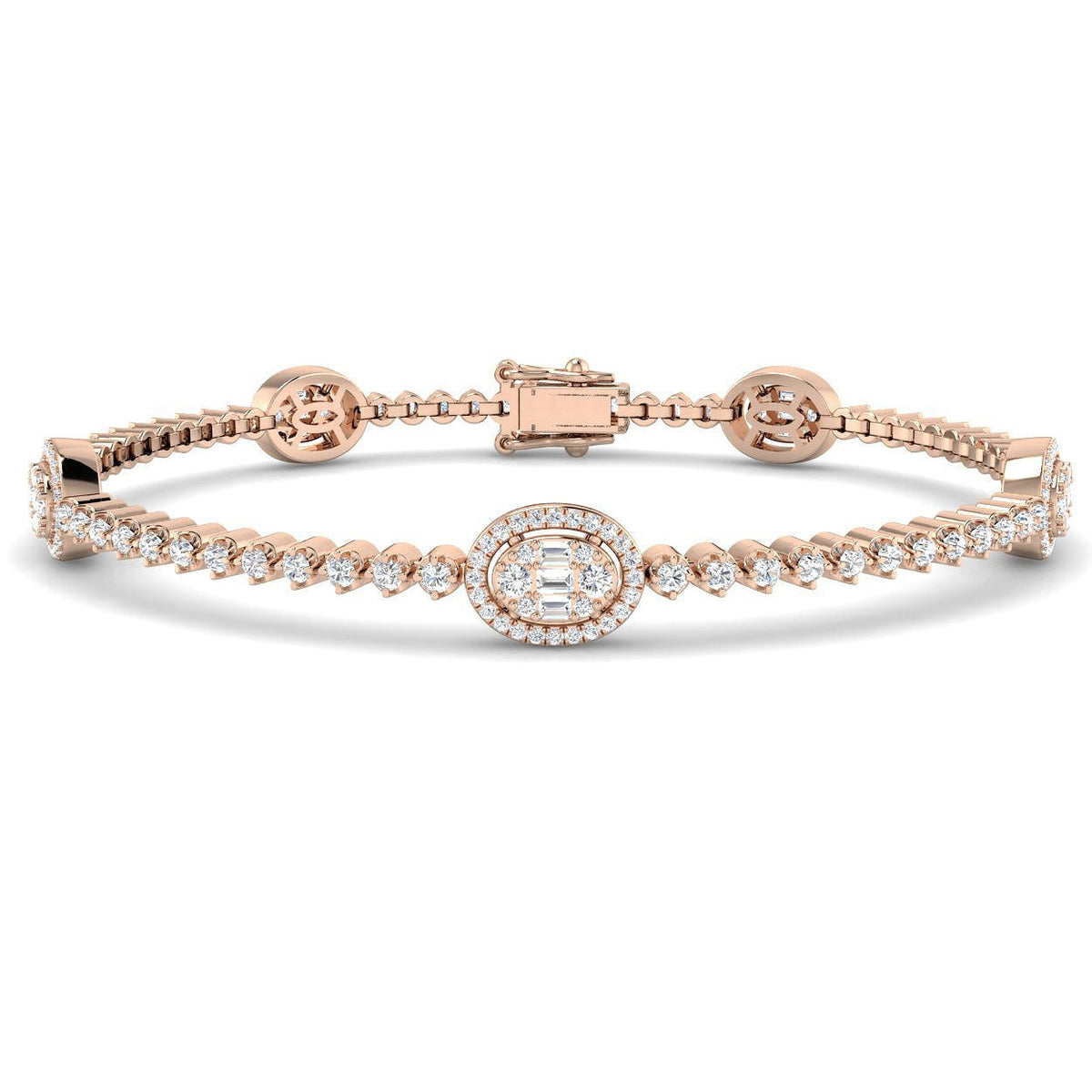 Round & Baguette Diamond Halo Bracelet in Gold & in 10K/14K gold and platinum with certified lab-grown or natural diamonds