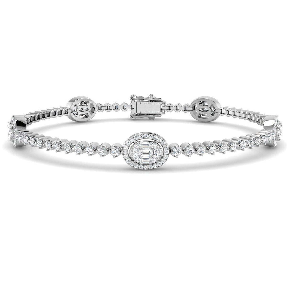 Round & Baguette Diamond Halo Bracelet in Gold & in 10K/14K gold and platinum with certified lab-grown or natural diamonds